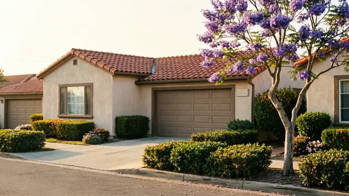 A house with a brown garage door and a purple flowering tree in the yard.