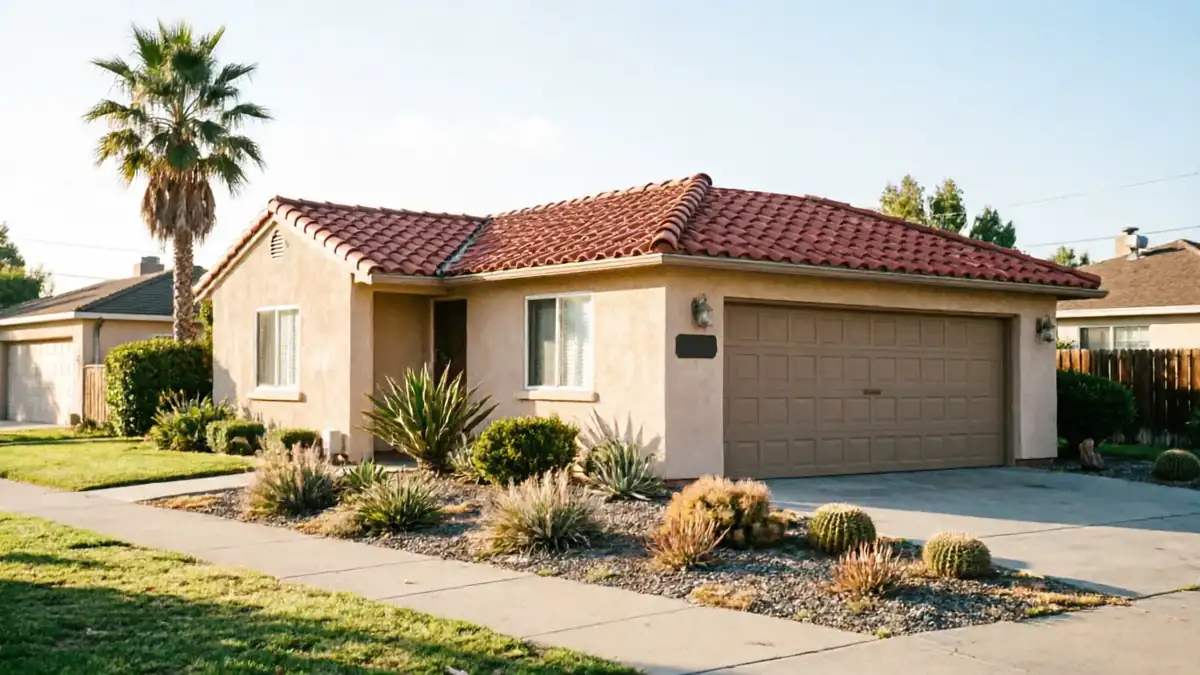 The house has a brown garage door, a red tile roof, and desert landscaping.
