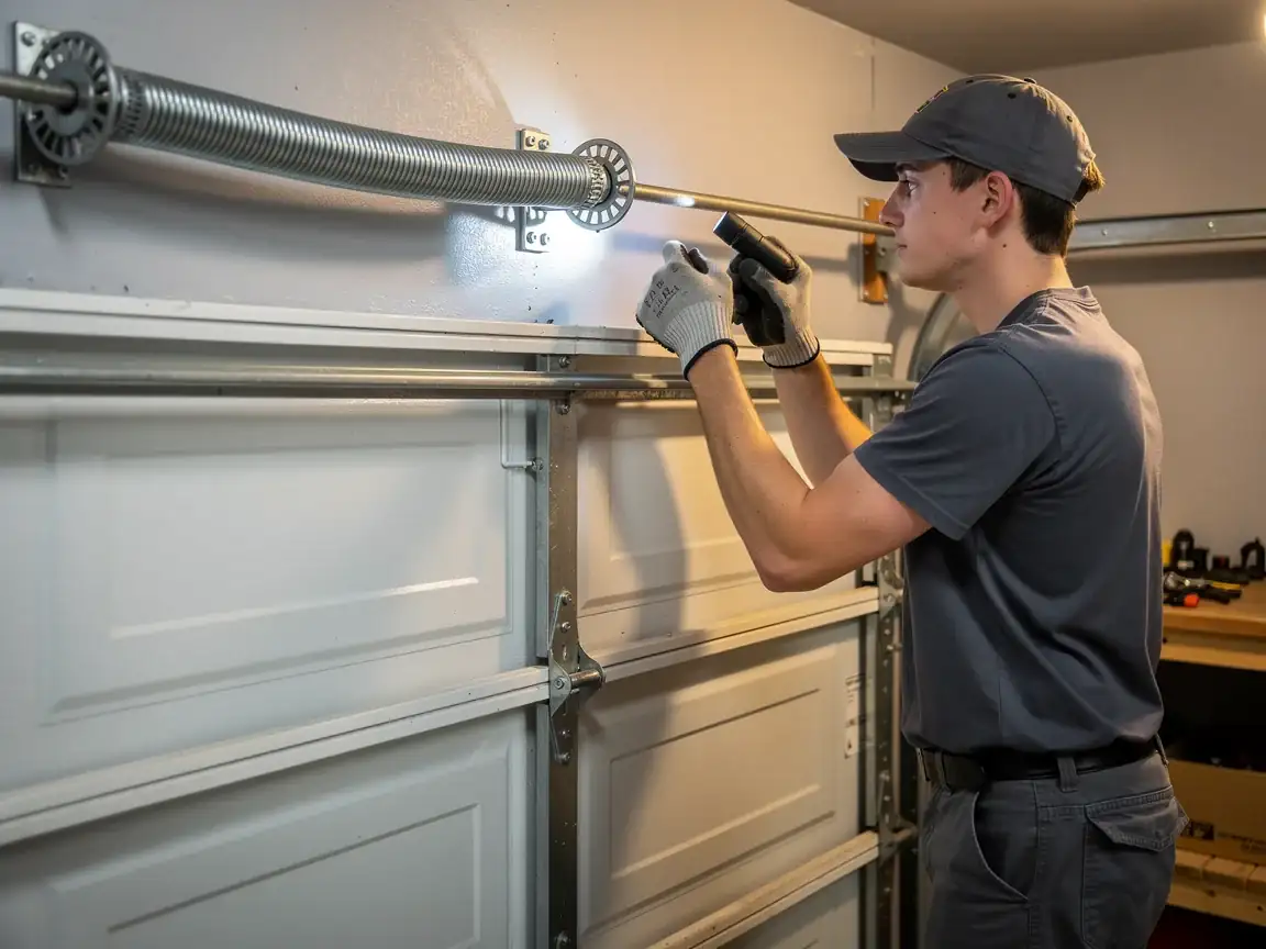 A technician in a gray cap and gloves inspects a garage door torsion spring with a flashlight.